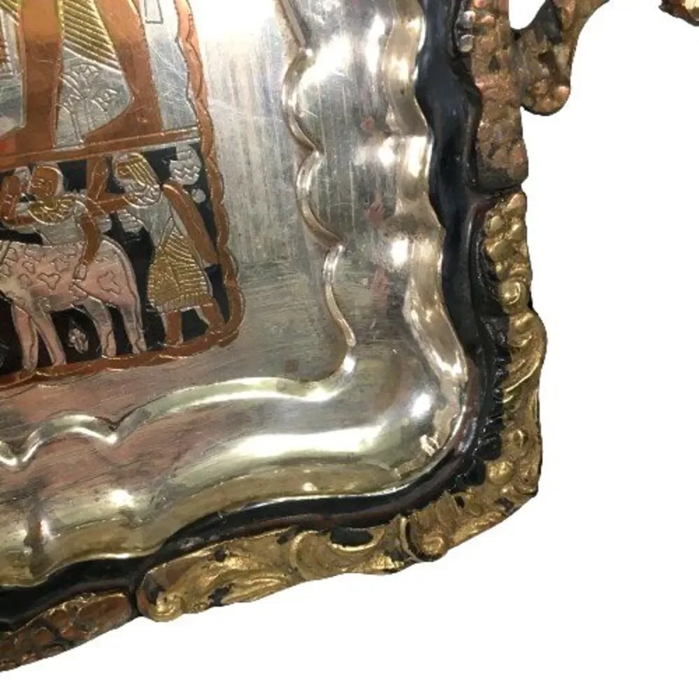 Vintage Egyptian Figural Horse Chariot Copper Silver Metal Serving Platter Tray - Picture 11 of 13